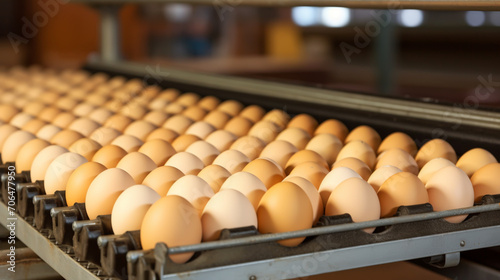 Chicken eggs move along a conveyor in a poultry farm. Food industry concept, chicken egg production. High quality photo