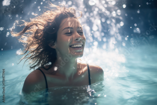 Refreshing Summer Escape: Happy Caucasian Woman Enjoying a Poolside Vacation © SHOTPRIME STUDIO