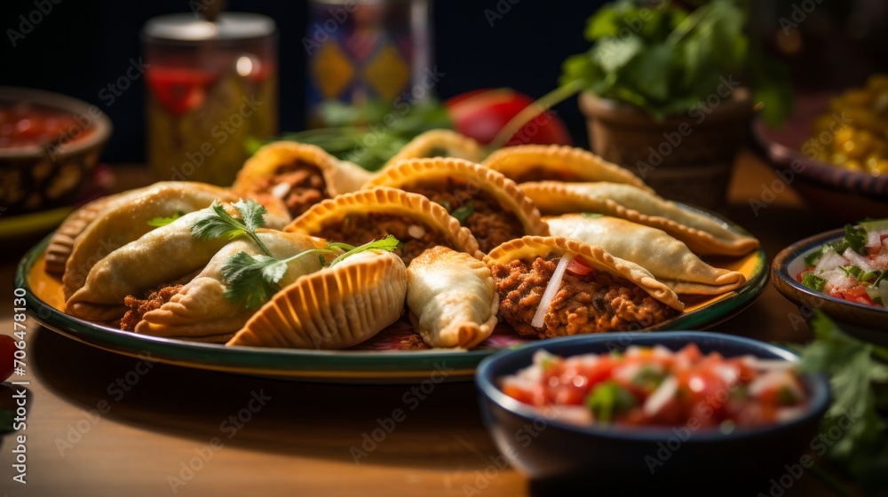 Tasty spicy meat empanadas. Argentine empanadas. Neural network AI generated art Tasty spicy meat empanadas. Argentine empanadas. Neural network AI generated art