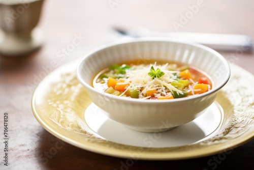 single serving of minestrone, side of grated parmesan cheese