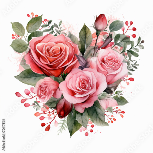 Bouquet of red roses  Valentine s day  wedding arrangement  watercolor illustration isolated on white background
