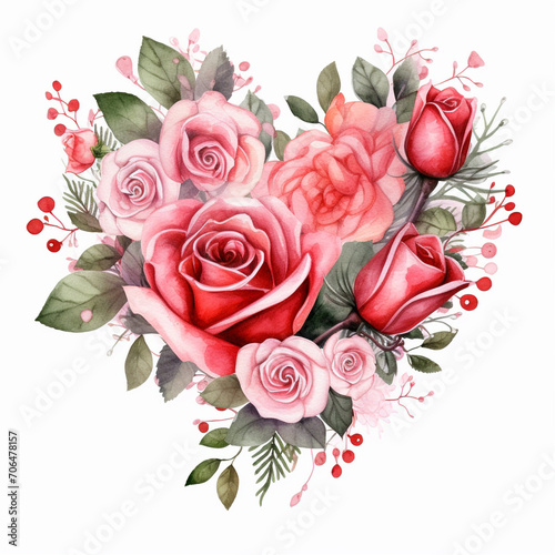 Bouquet of red roses  Valentine s day  wedding arrangement  watercolor illustration isolated on white background