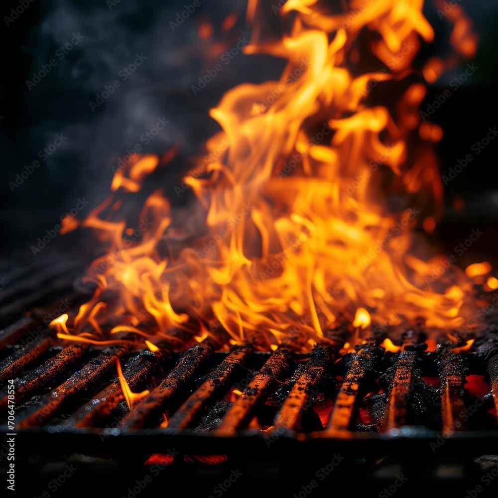 Hot BBQ grill with flaming fire and charcoal For a background image of grilling food. Hot BBQ grill with flaming fire and charcoal For a background image of grilling food.