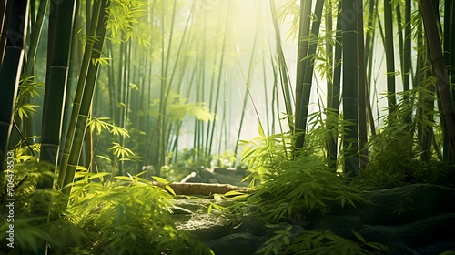 Bamboo forest in the morning light. Panoramic image.