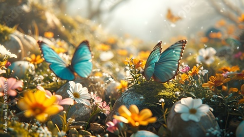 Little butterflies with fluffy wings on flowers , blur colorful background