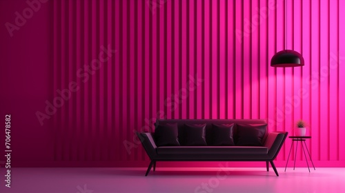 Bright pink wall and black coach or sofa  neon effect  minimalist interior design