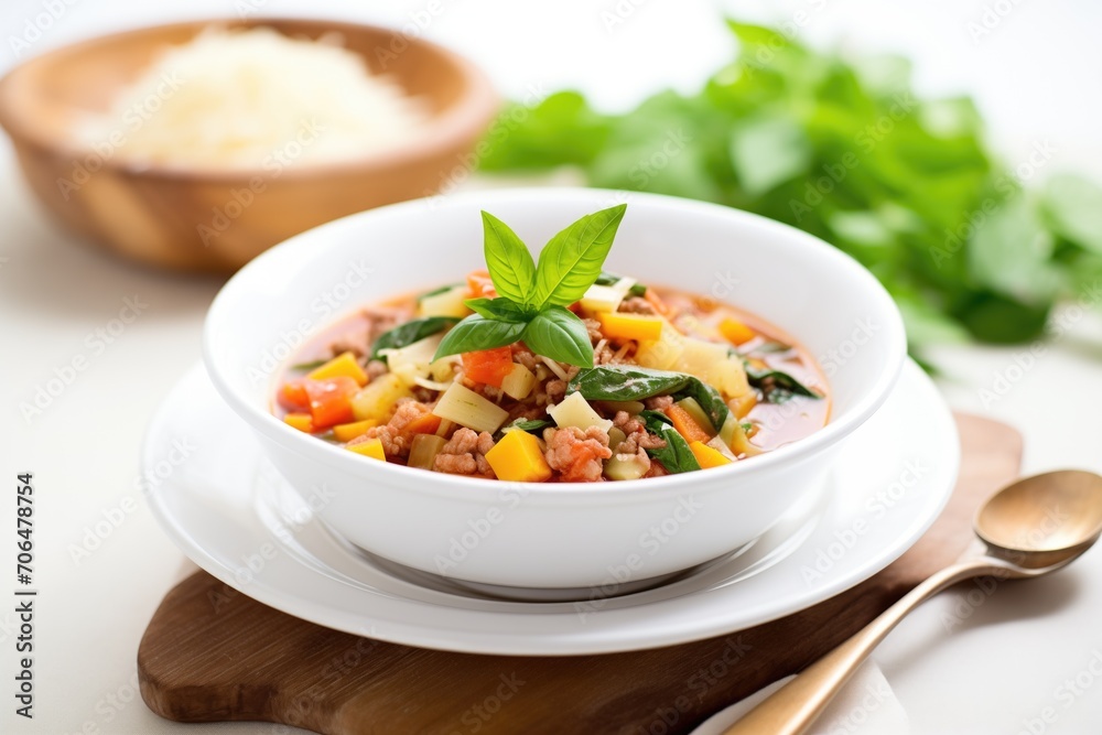hearty minestrone in white bowl, basil garnish, wooden spoon
