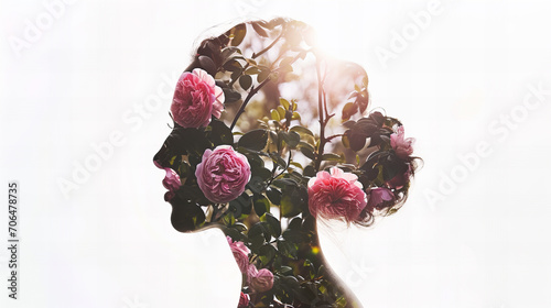 Silhouette of a woman\'s profile. art photography double exposure with flowers: peonies, roses and ranunculus in the silhouette of a woman\'s face. isolated on white background.