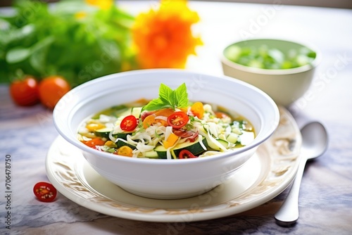 summer minestrone, zucchini and tomatoes, bright lighting