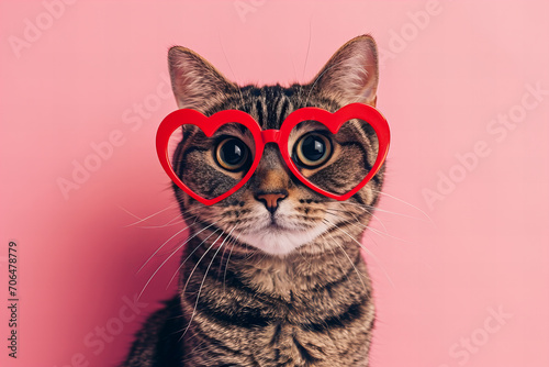 St. Valentine s Day card concept. Funny cat in red heart shaped glasses isolated on pink background 
