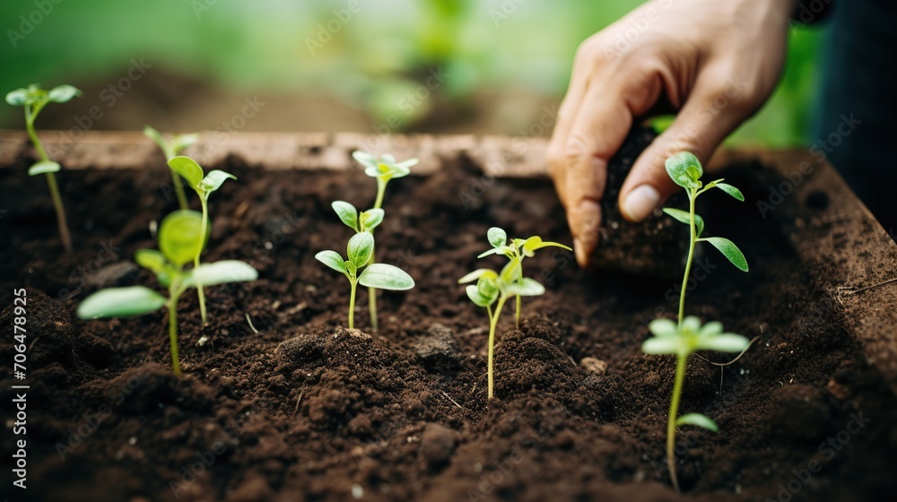 A close-up of a gardener's hand nurturing small green seedlings in rich soil, promoting growth. A close-up of a gardener's hand nurturing small green seedlings in rich soil, promoting growth.