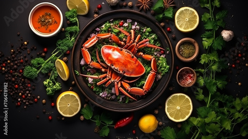 Cooked crabs on black plate served with white wine, black slate background photo