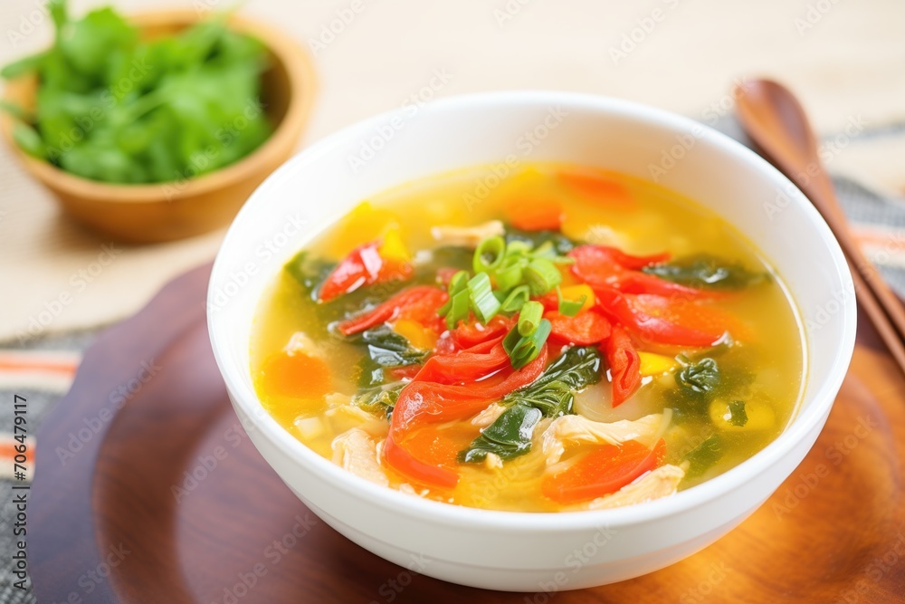 miso soup with corn and diced sweet peppers, vibrant colors miso soup with corn and diced sweet peppers, vibrant colors