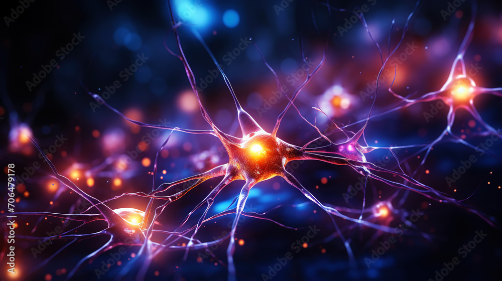 Visualization of neurons in the human brain. Overview of brain cells. Generative AI