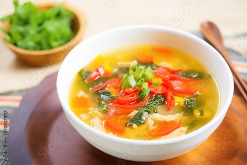 miso soup with corn and diced sweet peppers, vibrant colors