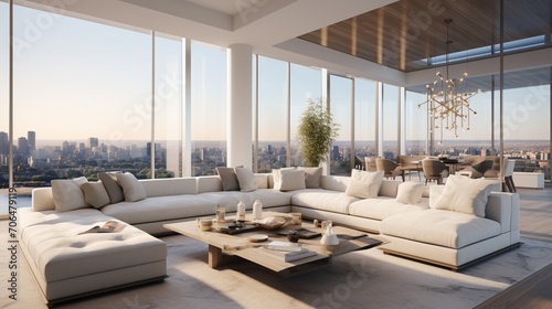 A modern living room featuring a sectional sofa, marble accents, and floor-to-ceiling windows with city views © Jigxa