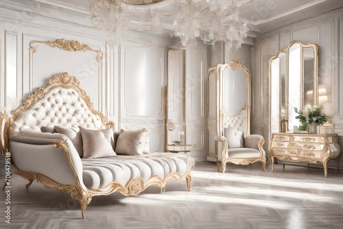 luxury delicate interior of the living room and bedroom in light colors with expensive chic carved furniture in classic style © Zoya
