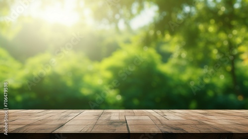 Serenity in Nature: Wooden Table Top with Fresh Green Garden Blur - Rustic Wood Surface bathed in Sunlight and Shadow, Perfect for Organic Backgrounds and Foliage Concepts in Spring and Summer.