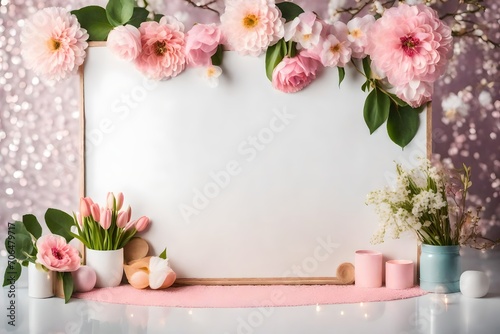 Backdrop for photo studio with spring decor for kids and family photo sessions.Selective focus-