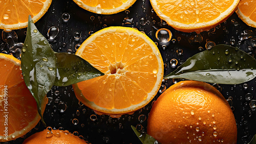 Fresh orange slices with leaves and water drops on a dark background.