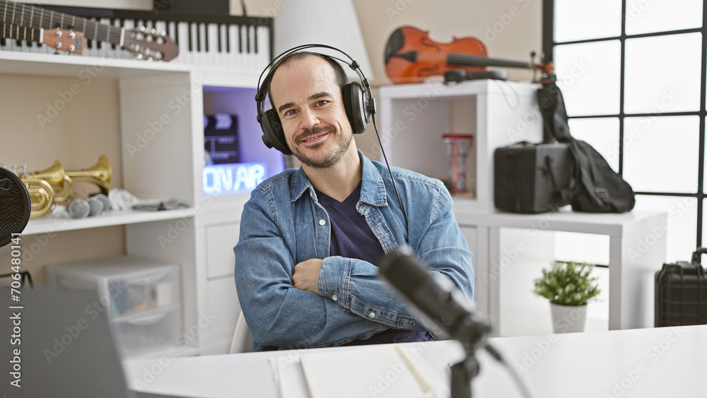 Hispanic man with headphones smiling in a music studio, surrounded by instruments and recording equipment.