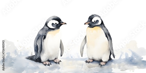 Watercolor illustration of two penguins on white background.