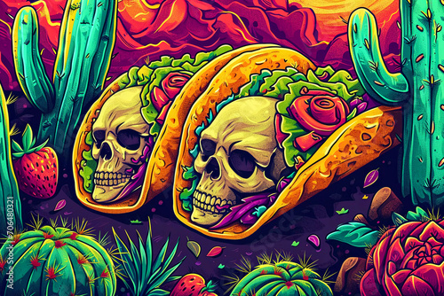 Old vintage mexican poster with tacos and skull, Generative AI