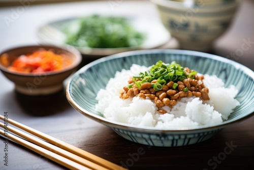 natto atop a bed of steamed white rice in a bowl