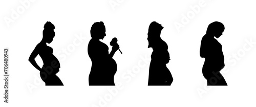 Black silhouette of pregnant women with different hairstyles: straight hair, curly hair, ponytail. Vector illustration
