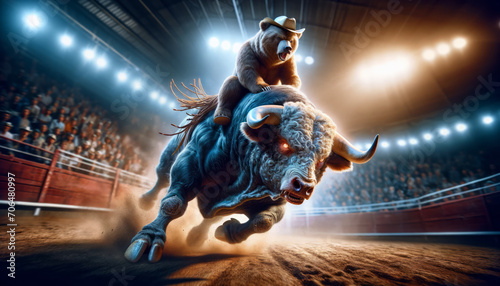stock market rodeo, a bear donning a cowboy hat struggling atop a ferocious bull captures the clash between bearish trends trying to rein in a bullish surge, encapsulating the unpredictable nature  photo