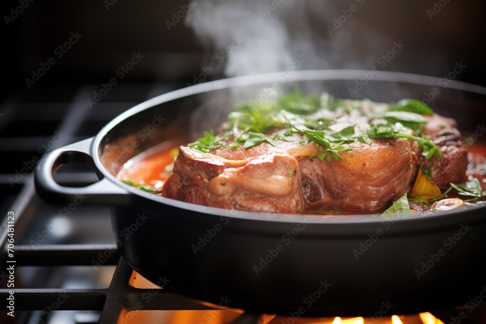 osso buco in a cast-iron pot with steam rising osso buco in a cast-iron pot with steam rising