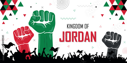 People cheer for Jordan, national flag color combination patriot banner, geometric abstract background, raised fist, human hand, national celebration, strike, parade, riot, protest or rally