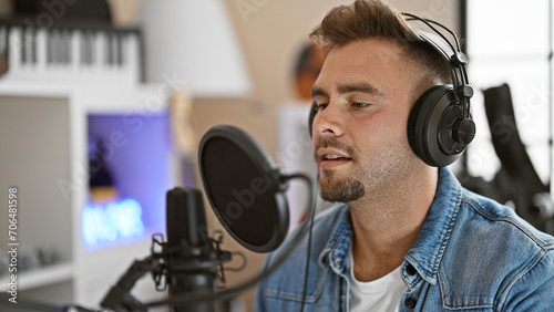 Handsome hispanic man with beard wearing headphones in a recording studio interior