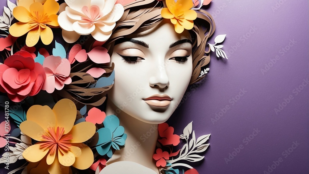 Illustration of face and flowers style paper cut with copy space for international women's day
