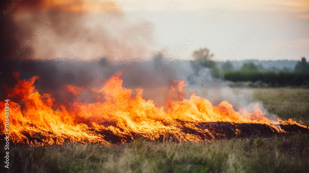 Dry grass burns on meadow in countryside at sunset. Wild fire burning dry grass in field. Orange flames and billowing smoke. Open fire. Dry grass burns on meadow in countryside at sunset. Wild fire burning dry grass in field. Orange flames and billowing smoke. Open fire.