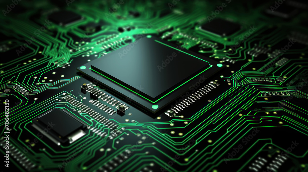 Minimalistic image of green printed circuit board with processor on black background with copying space. Generative AI Minimalistic image of green printed circuit board with processor on black background with copying space. Generative AI