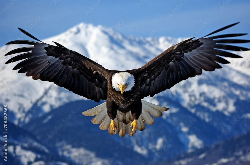 a bald eagle flying in front of a mountain range with its wings spread wide open and spread out, with the mountain in the background, generative ai a bald eagle flying in front of a mountain range with its wings spread wide open and spread out, with the mountain in the background, generative ai