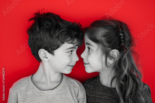 Red-Toned Sibling Face-Off - Child Portrait, Great for Concepts of Competition, Childhood Rivalry, or Family Relationships