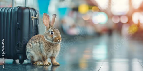 Bunny with Luggage at Airport Terminal - Adorable for Children s Travel Education or Pet Travel Accessories Promotions