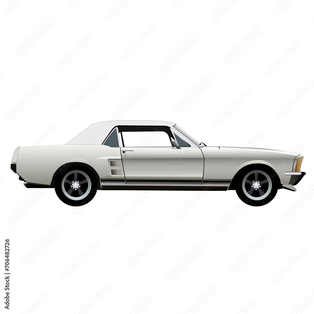 White retro flat classic car, transparent background, outlines, minimalistic, isolated