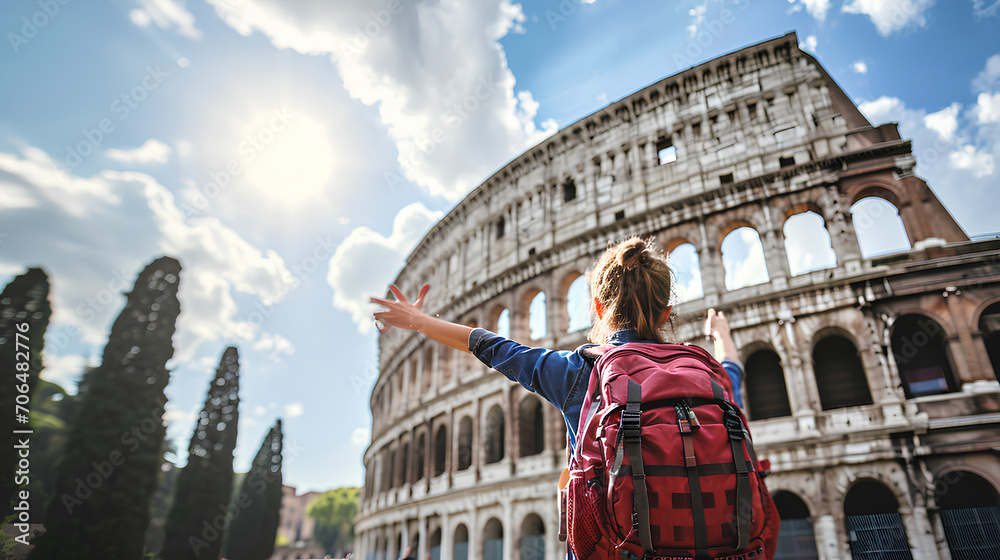 Tourists raising their hands happy to see the Colosseum in Italy, Italy tourism concept.