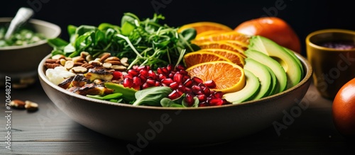 Vegan Buddha bowl with avocado, persimmon, blood orange, nuts, spinach arugula, and pomegranate.