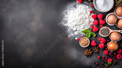 Ingredients for cooking baking, baking background. Flour, sugar, eggs, spices and utensil on black background. Top view with copy space. photo