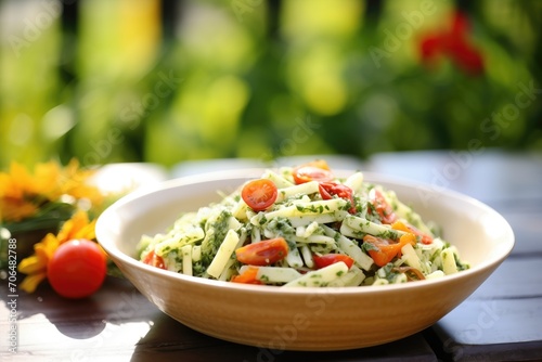 pasta salad with pesto and roasted cherry tomatoes, in ceramic dish