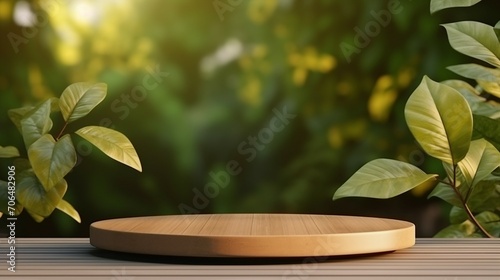 Eco-Friendly Wooden Product Display Podium with Blurred Nature Leaves Background  Green Concept for Sustainable Marketing and Retail  Vintage Design Mockup