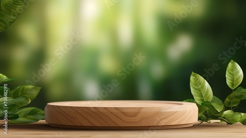 Eco-Friendly Wooden Product Display Podium with Blurred Nature Leaves Background  Green Concept for Sustainable Marketing and Retail  Vintage Design Mockup