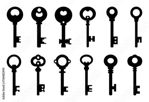 Black silhouette keys set isolated on white background. Vector illustration for any design.