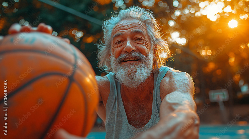 Older pensioners are actively involved in sports, playing basketball