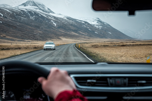 Fototapeta Naklejka Na Ścianę i Meble -  Driving car through volcanic Iceland landscape