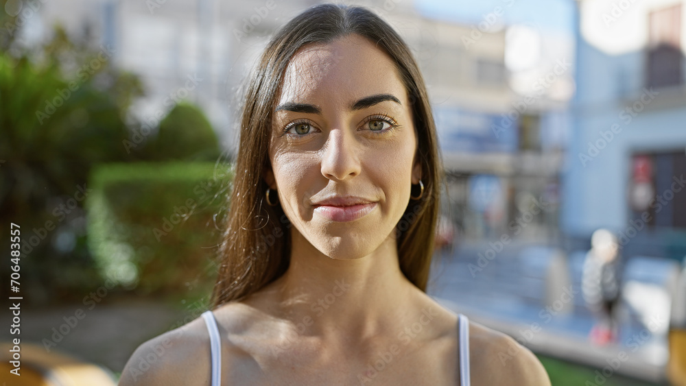 Young beautiful hispanic woman standing with serious expression at park